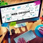 Monitor mit Webdesign-Grafik, HTML-Code und Arbeitsmaterialien auf einem Schreibtisch