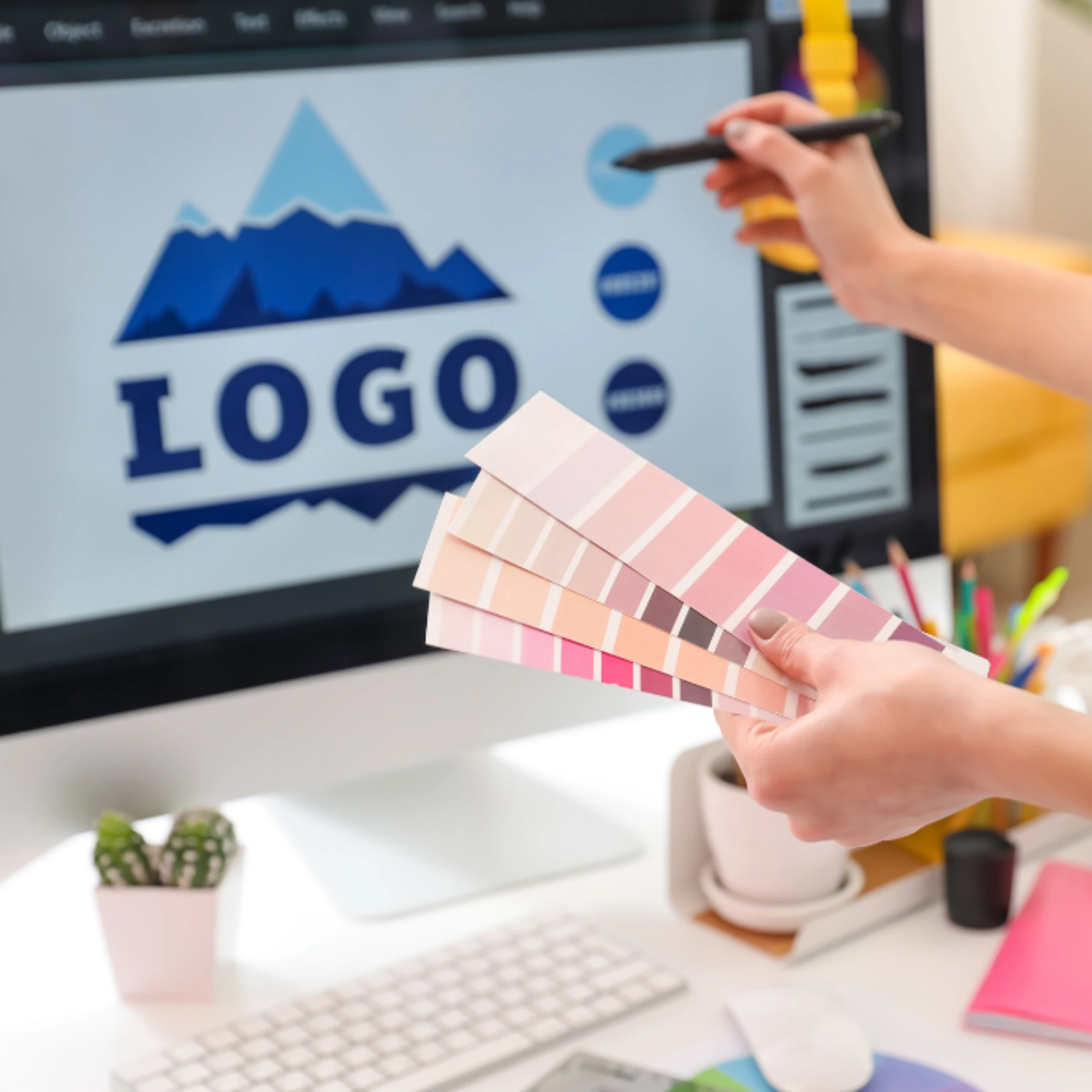 Grafikdesignerin hält einen Farbfächer mit Rosé- und Pinktönen vor einem Bildschirm, auf dem ein blaues Berg-Logo in einer Design-Software bearbeitet wird.