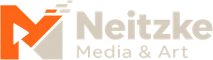 Logo von Neitzke Media & Art mit orangefarbenem Symbol und heller Wortmarke