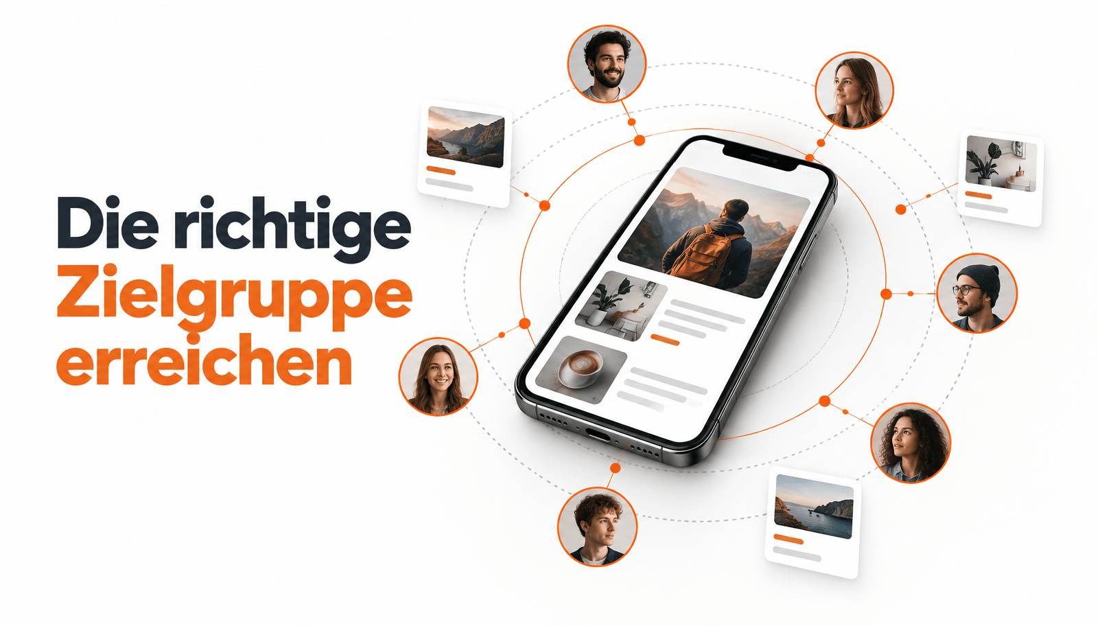 Website-Grafik im Orange-Anthrazit-Design mit dem Schriftzug „Die richtige Zielgruppe erreichen“. Ein Smartphone zeigt einen Social-Media-Feed, umgeben von Profilbildern verschiedener Personen und Beitragskarten, die durch orangefarbene Verbindungslinien miteinander verknüpft sind. Visualisiert gezieltes Social Media Marketing für Unternehmen.