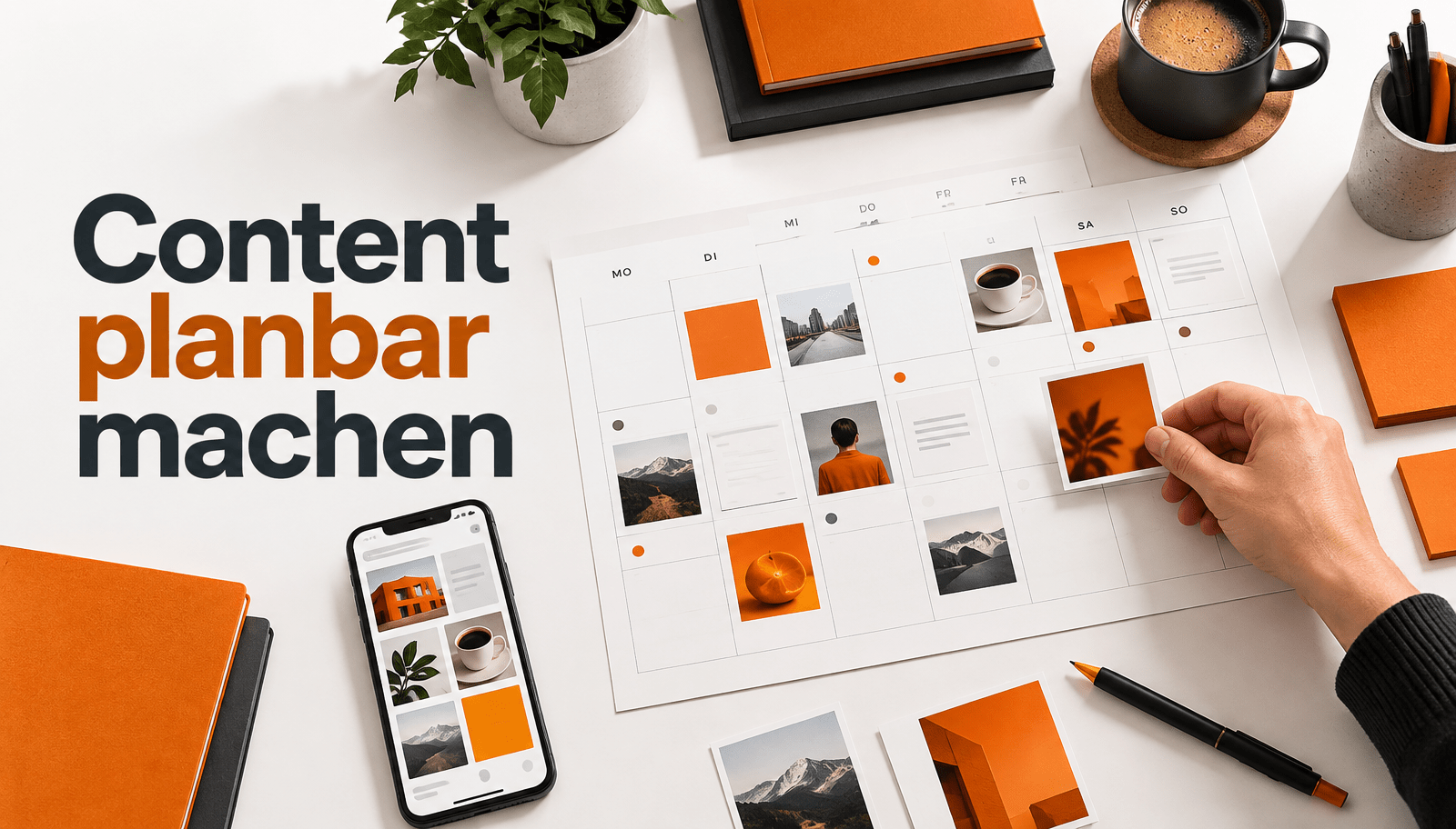 Website-Grafik im Orange-Anthrazit-Design mit dem Schriftzug „Content planbar machen“. Eine Hand platziert ein Bild in einem übersichtlichen Wochenkalender, daneben ein Smartphone mit einem Social-Media-Grid. Arbeitsplatz mit Kaffee, Notizbüchern und Pflanze im Hintergrund. Steht für strukturierte Content-Planung