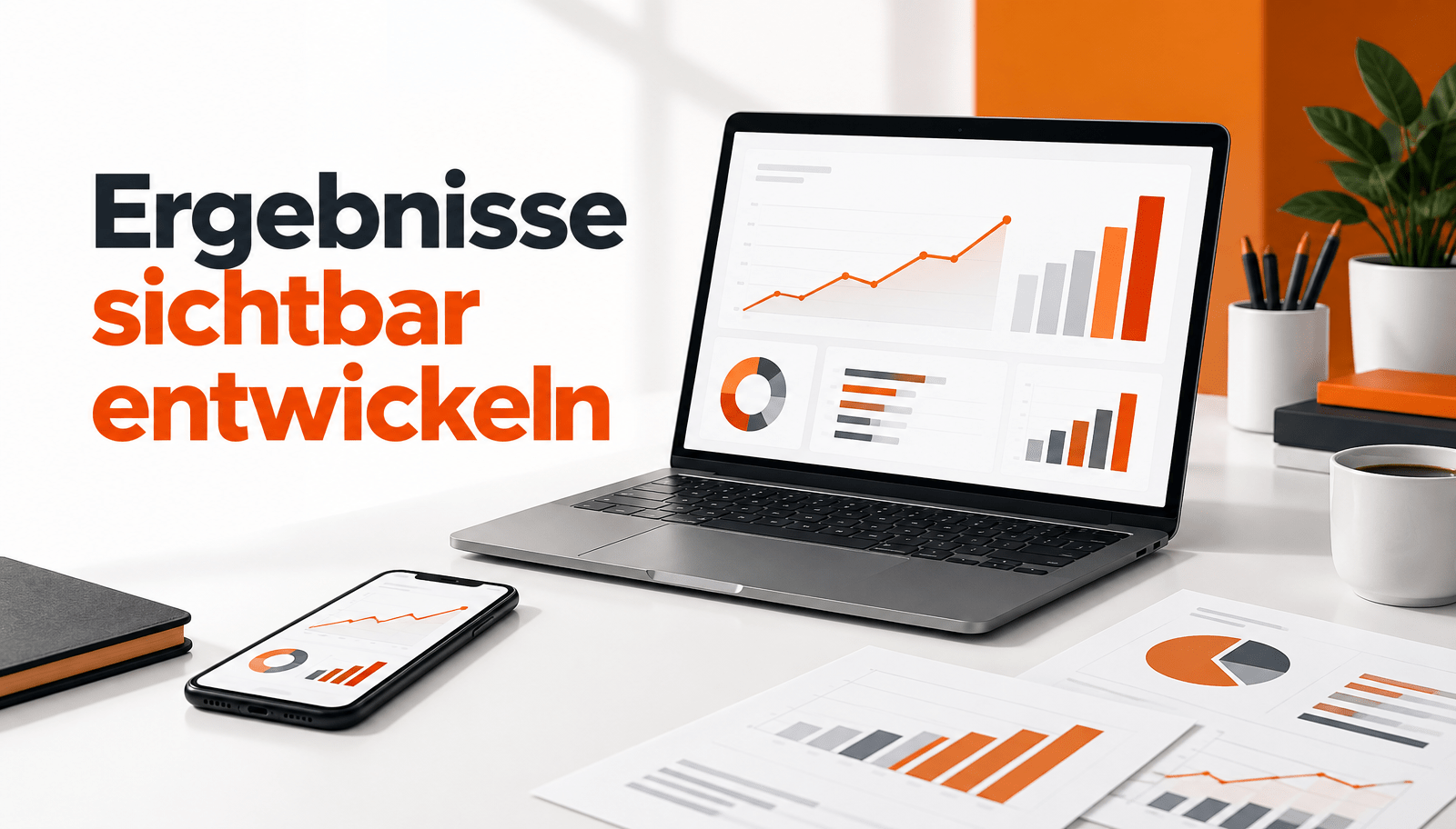 Website-Grafik im Orange-Anthrazit-Design mit dem Schriftzug „Ergebnisse sichtbar entwickeln“. Ein Laptop und ein Smartphone zeigen Analyse-Dashboards mit Diagrammen, Balken- und Liniencharts. Ausgedruckte Reports liegen auf einem hellen Schreibtisch. Visualisiert messbare Erfolge im Social Media Marketing.