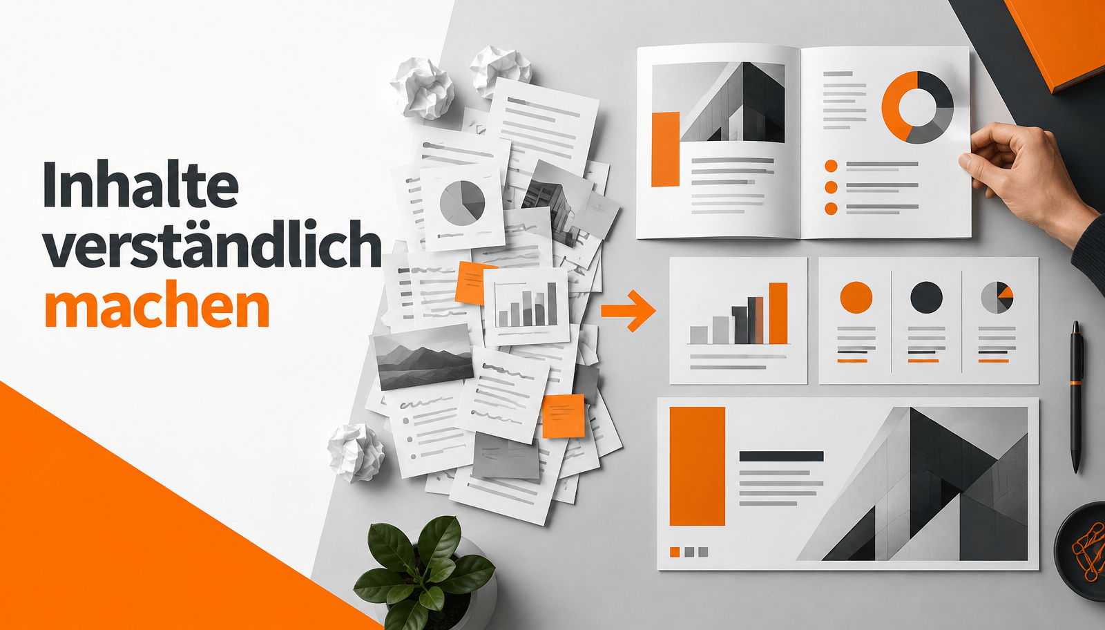 Grafikdesign für Unternehmen - Website-Grafik im Orange-Anthrazit-Design mit dem Schriftzug „Inhalte verständlich machen“. Ein Arbeitsplatz zeigt verwirrende Papierfetzen, die durch einen orangefarbenen Pfeil hin zu klaren Layouts mit Diagrammen, Icons und strukturierten Textblöcken transformiert werden. Steht für verständliches Informationsdesign.