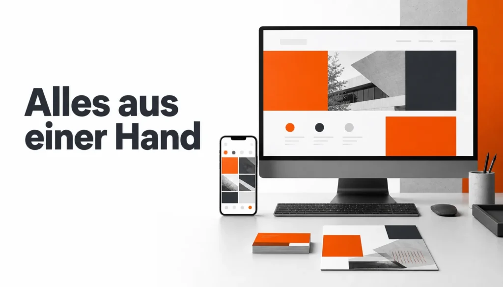 Modern gestaltete Arbeitsumgebung mit Computer, Smartphone und Designunterlagen in Schwarz, Weiß und Orange; der Schriftzug „Alles aus einer Hand“ steht für Leistungen für Unternehmen.
