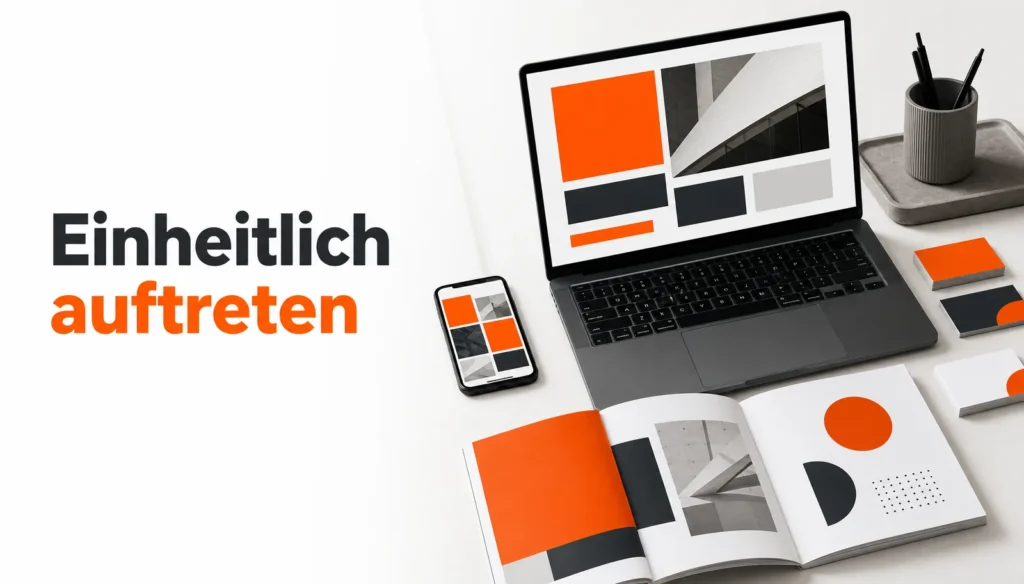 Laptop, Smartphone und geöffnete Designbroschüre mit einem einheitlichen schwarz-weiß-orangen Erscheinungsbild auf einem Schreibtisch; der Schriftzug „Einheitlich auftreten“ veranschaulicht Leistungen für Unternehmen.
