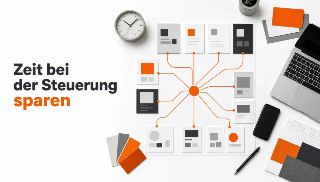 Schreibtisch mit Uhr, Laptop, Smartphone und mehreren verbundenen Gestaltungskarten in Schwarz, Weiß, Grau und Orange; der Schriftzug „Zeit bei der Steuerung sparen“ beschreibt Leistungen für Unternehmen.