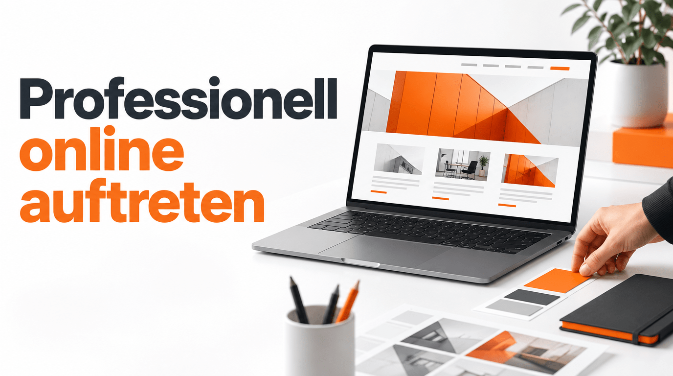 Webdesign für Unternehmen: Website-Grafik im Orange-Anthrazit-Design mit dem Schriftzug „Professionell online auftreten“. Ein Laptop zeigt eine moderne Unternehmens-Website mit klarem Layout und Architekturfotos. Davor liegen Farbfächer, Stifte und ein Notizbuch auf einem hellen Arbeitsplatz. Visualisiert professionelles Webdesign für Unternehmen.