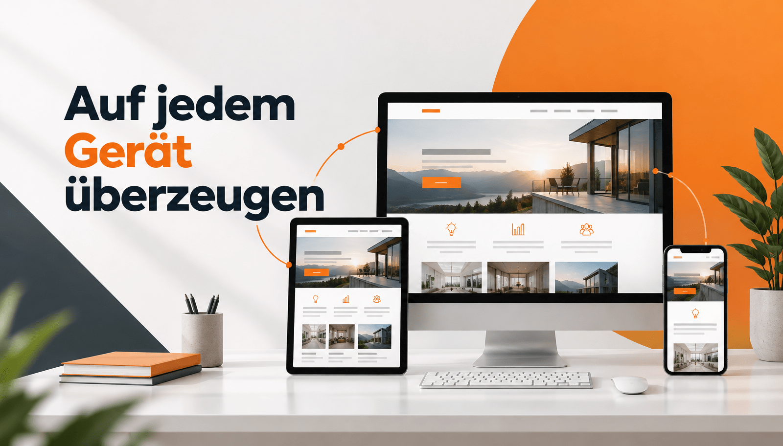 Webdesign für Unternehmen: Website-Grafik im Orange-Anthrazit-Design mit dem Schriftzug „Auf jedem Gerät überzeugen“. Dieselbe Unternehmens-Website wird synchron auf einem Desktop-Monitor, einem Tablet und einem Smartphone dargestellt. Steht für responsives Webdesign, das auf allen Bildschirmgrößen funktioniert.