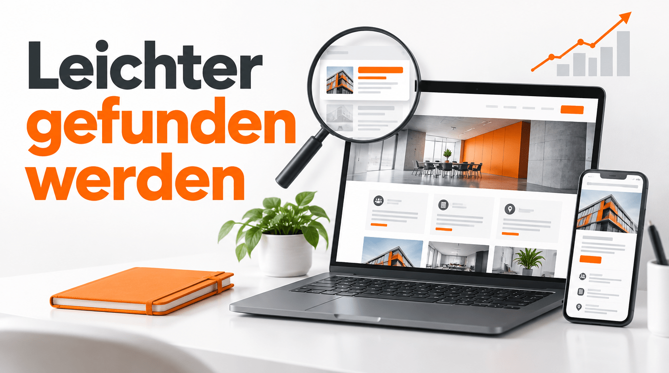 Webdesign für Unternehmen: Website-Grafik im Orange-Anthrazit-Design mit dem Schriftzug „Leichter gefunden werden“. Eine Lupe hebt Details einer Website auf einem Laptop hervor, daneben ein Smartphone mit der gleichen Seite. Im Hintergrund zeigt ein steigendes Balken- und Liniendiagramm wachsende Sichtbarkeit. Visualisiert SEO-optimiertes Webdesign für Unternehmen.