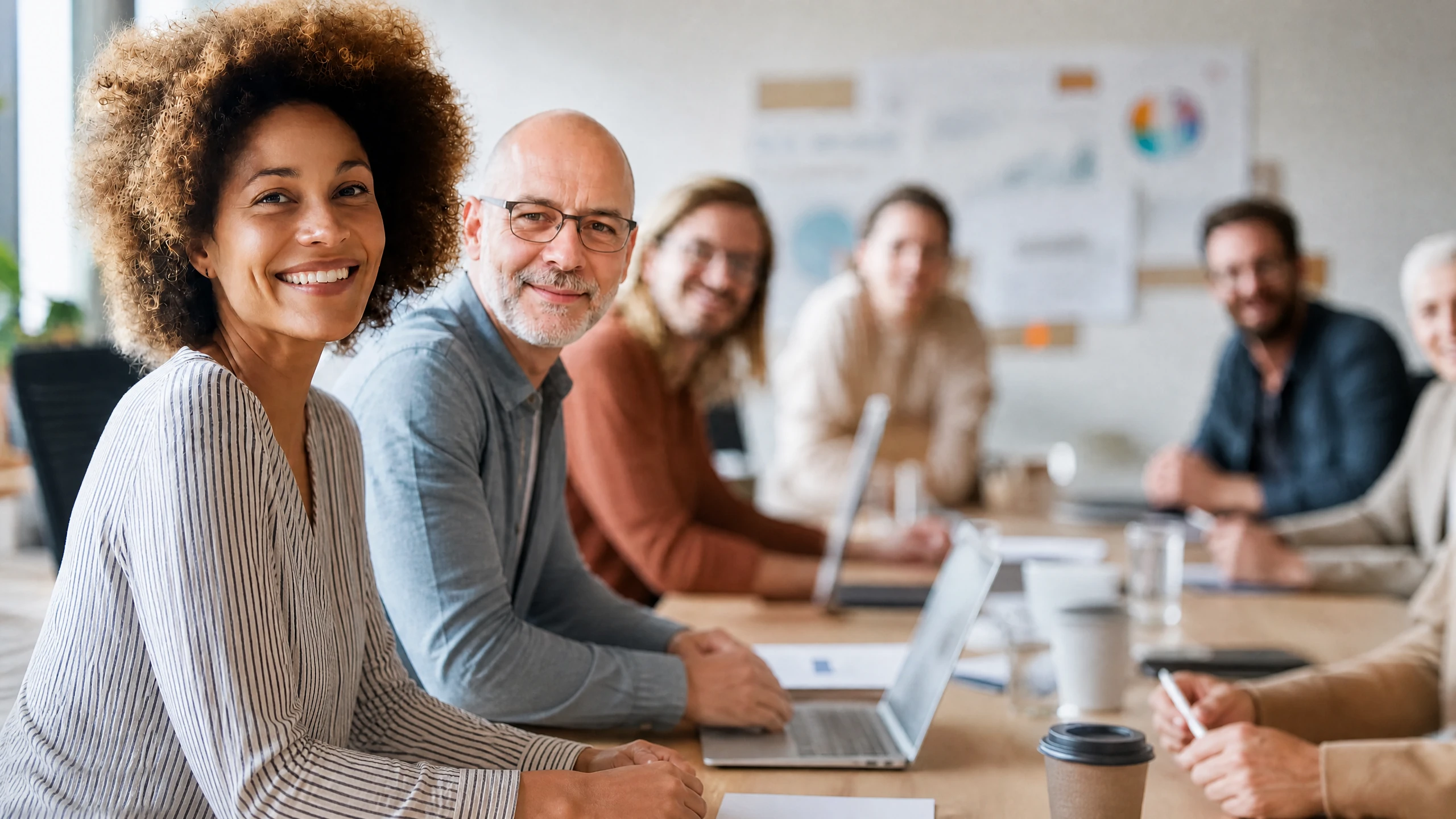 Mehrere Mitarbeitende lächeln bei einem Teamtreffen in einem modernen Büro